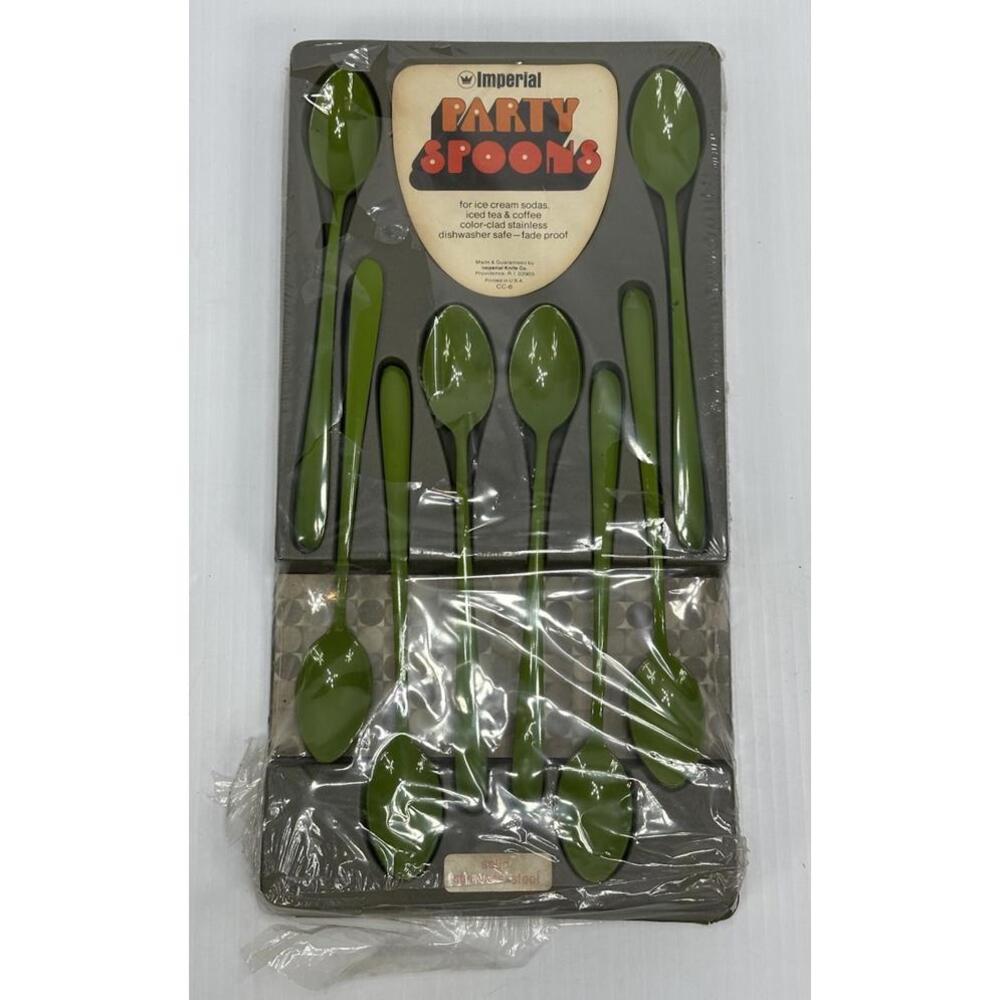 Vintage MCM Imperial Party Spoons Avocado Green‎ Stainless Steel Original Box